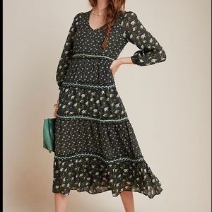 Anthropologie Black Floral Long Sleeve Dress